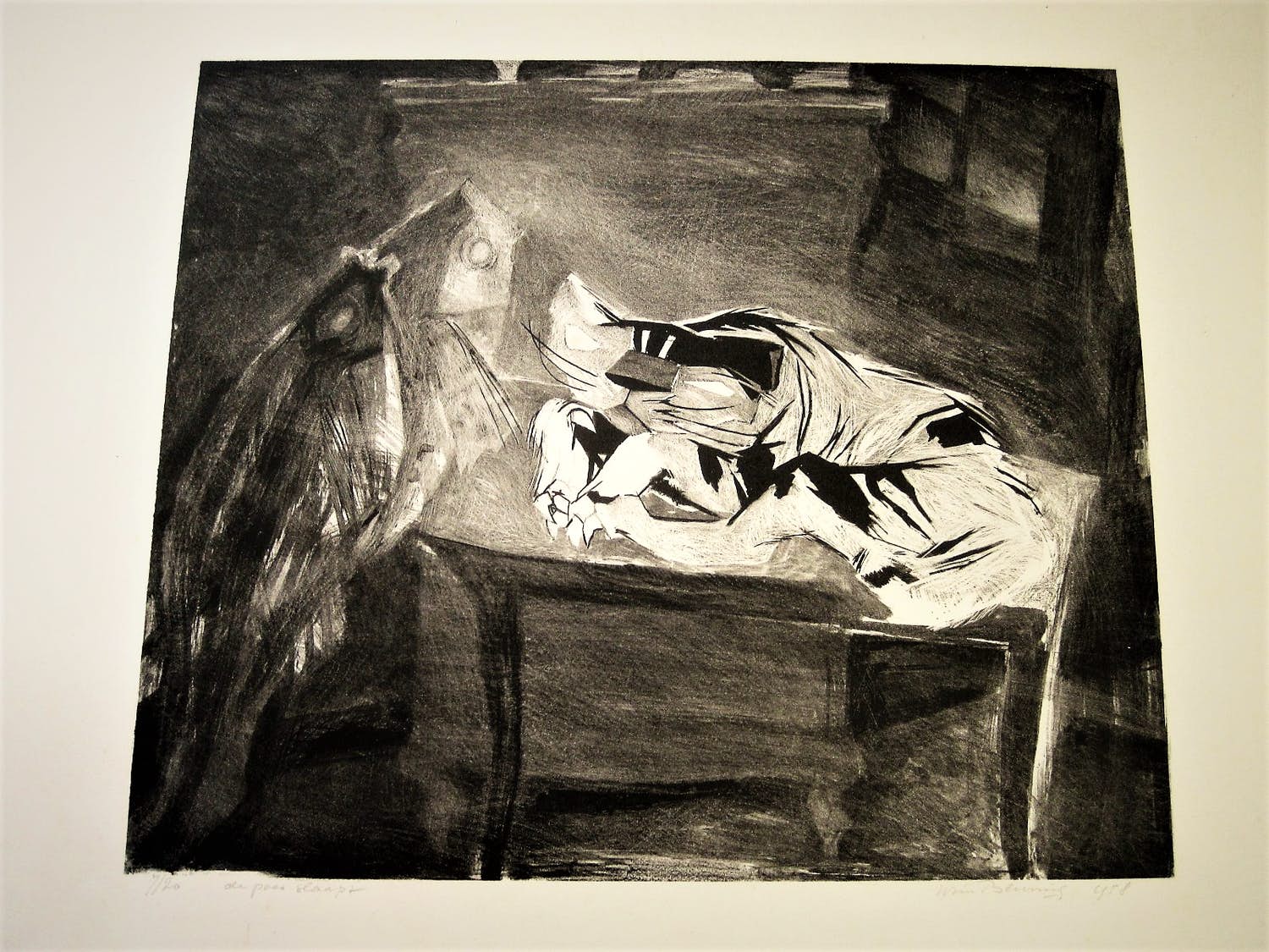 Wim Beuning - Grote Litho - "de poes slaapt" - gesigneerd - zeer kleine oplage (20) verkocht voor € 43!