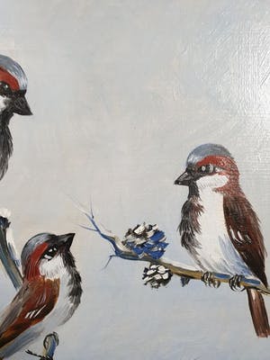 Henk Poeder - Drie kleine vogels in een winterse omgeving kopen? Bied vanaf 30!