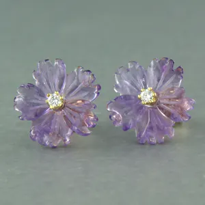 18k geel gouden oorknoppen met amethist en diamant 0.08 ct - F/G - VS/SI kopen? Bied vanaf 175!