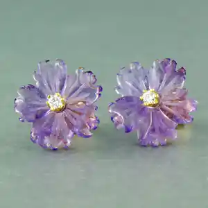 18k geel gouden oorknoppen met amethist en diamant 0.08 ct - F/G - VS/SI verkocht voor € 175!