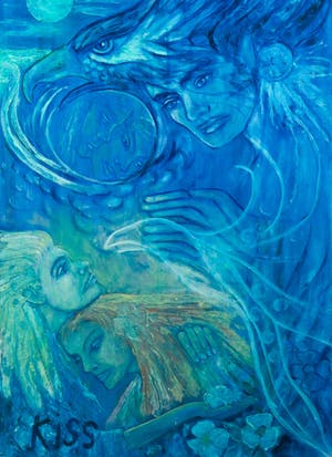 Kiss Riemvis - Olieverf op doek, z.t. Fantasy figuren en adelaar kopen? Bied vanaf 10!