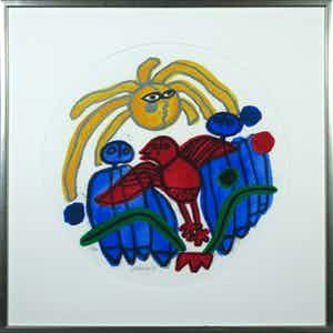 Corneille - Litho, L'oiseau rouge et soleil - Ingelijst verkocht voor € 150!