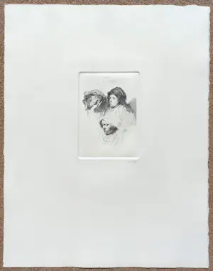 Rembrandt van Rijn - Drie vrouwenkoppen, één slapend, ets kopen? Bied vanaf 70!