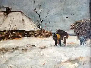 Niet of onleesbaar gesigneerd - Hollands winterlandschap met boer en kar verkocht voor € 1!