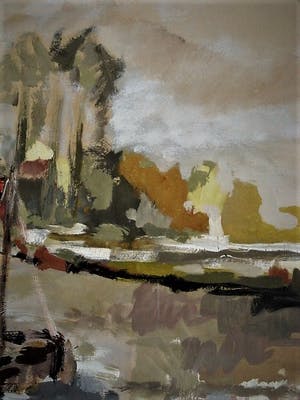 Niet of onleesbaar gesigneerd - GROTE impressionistische Gouache "Hollands polderlandschap met boot" monogram RS kopen? Bied vanaf 10!