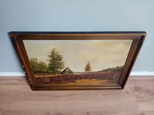 Niet of onleesbaar gesigneerd - Mooi olieverf schilderij van een landschap met een hutje op de hei kopen? Bied vanaf 1!