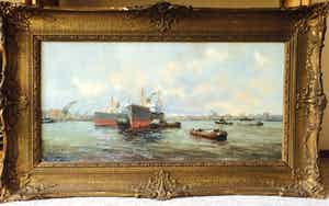 Henriette Hubregtse-Lanzing - Haven van Rotterdam, groot olieverfschilderij verkocht voor € 150!