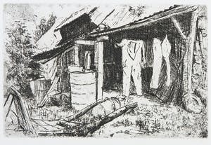 Fred Bervoets - Lot van twee etsen, Dorpsgezicht met bomenrij en de waslijn kopen? Bied vanaf 35!