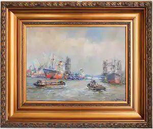 Joop Molenaar - Een havengezicht met schepen verkocht voor € 220!