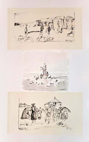 Wim Motz - 3 tekeningen van strandtaferelen verkocht voor € 50!