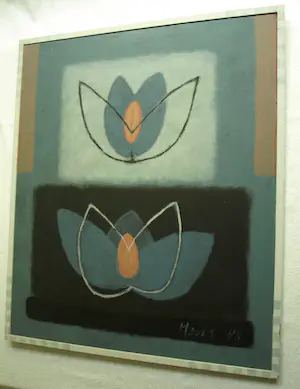 Mieke Mens - Gemengde techniek op board , 2 Bloemen – Lijst, 75 x 64 cm kopen? Bied vanaf 50!