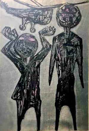 Ru van Rossem - Two figures watching helicopter - Houtsnede, Ingelijst verkocht voor € 99!