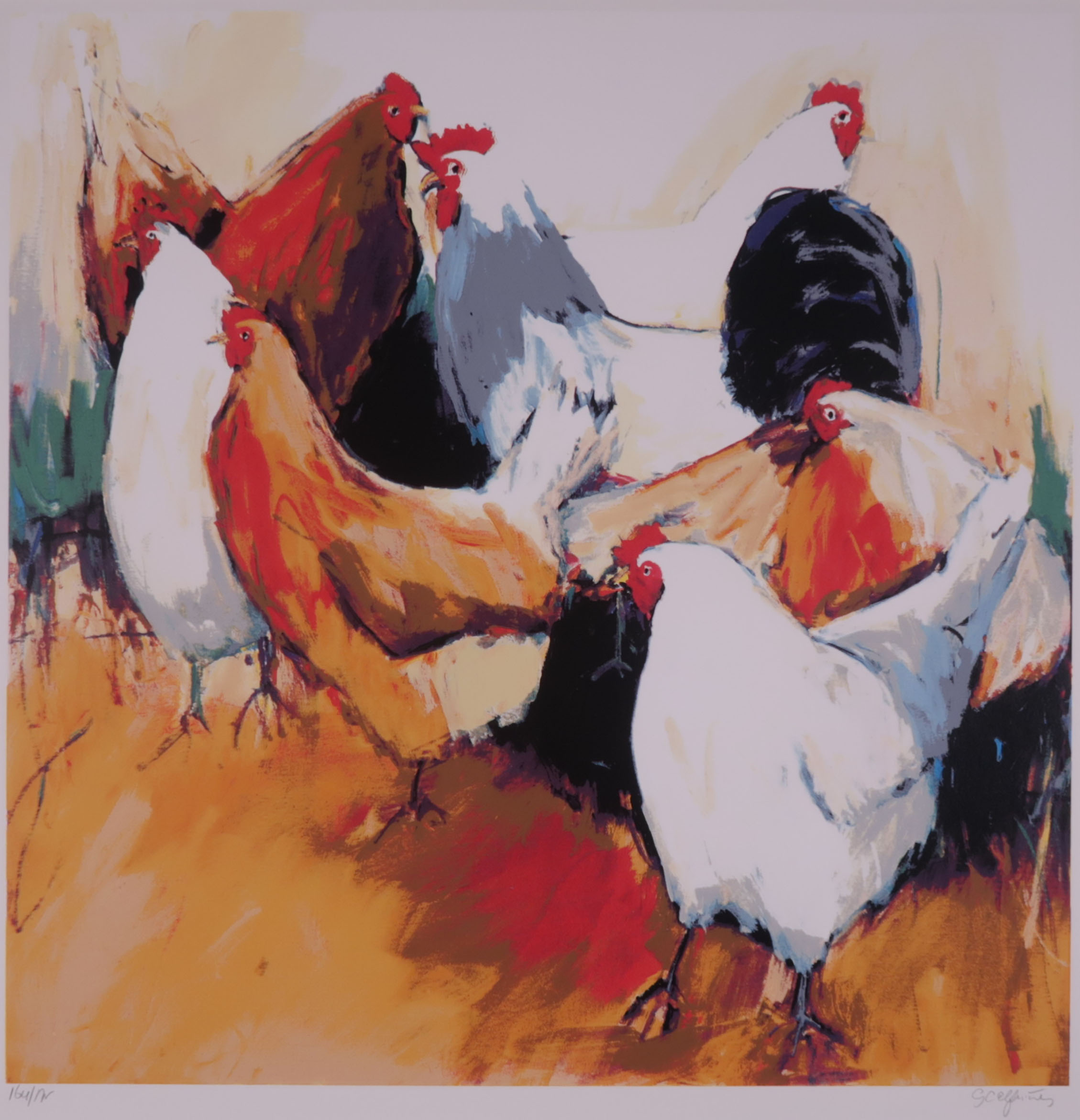 Gerda Elfring - Zeefdruk, 7 Kippen verkocht voor € 40!