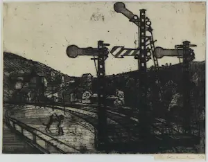 Theo Kurpershoek - Droge naald ets op papier, Spoorwegplacement - Ingelijst kopen? Bied vanaf 40!