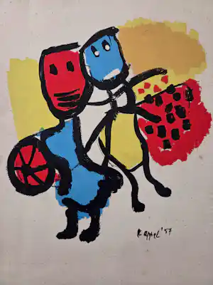 Karel Appel - Menukaart. Twee figuren. Naar werk uit 1957. vendu pour 89€ !