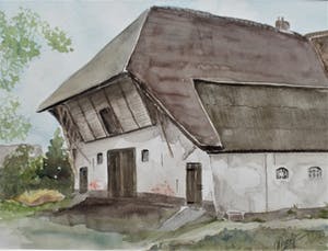 Cees Heuff - Achterhuis Betuwsche Boerderij - Aquarel kopen? Bied vanaf 1!