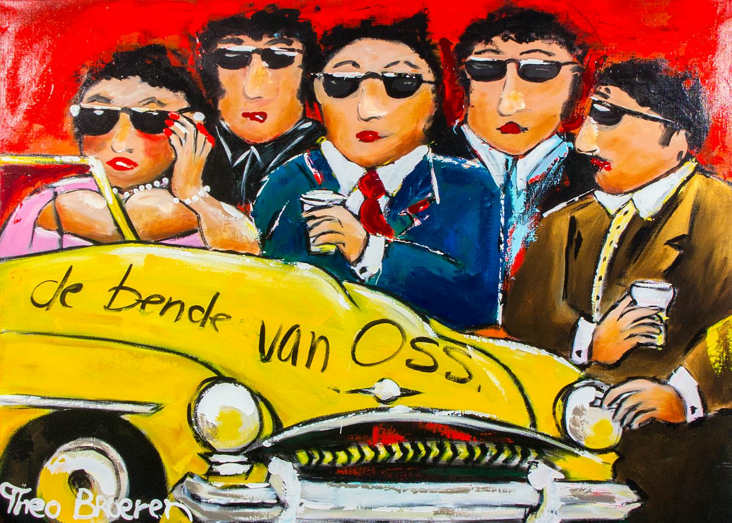 Theo Broeren - Acryl op doek, De bende van Oss verkocht voor € 150!