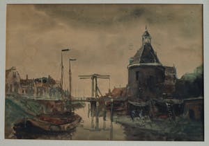 Niet of onleesbaar gesigneerd - Gouache , “Watergezicht met brug en poortgebouw” - ingelijst kopen? Bied vanaf 1!