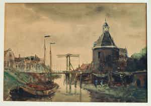 Niet of onleesbaar gesigneerd - Gouache , “Watergezicht met brug en poortgebouw” - ingelijst verkocht voor € 1!