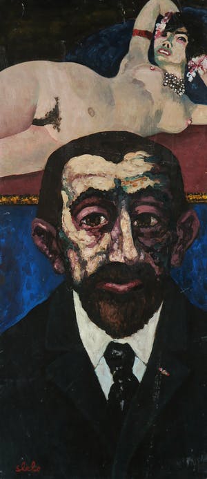 Ferry Slebe - Olieverf op paneel, Z.T. Man met liggende naakt (met ophangsysteem) kopen? Bied vanaf 350!