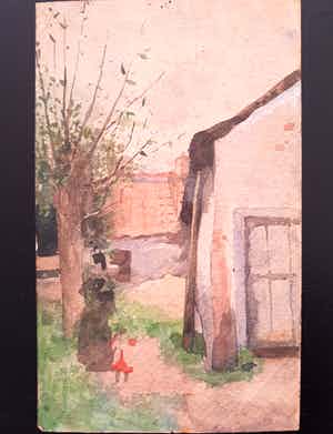 Adriaan de la Riviere - Vrouw met hondje bij een boerderij. verkocht voor € 35!