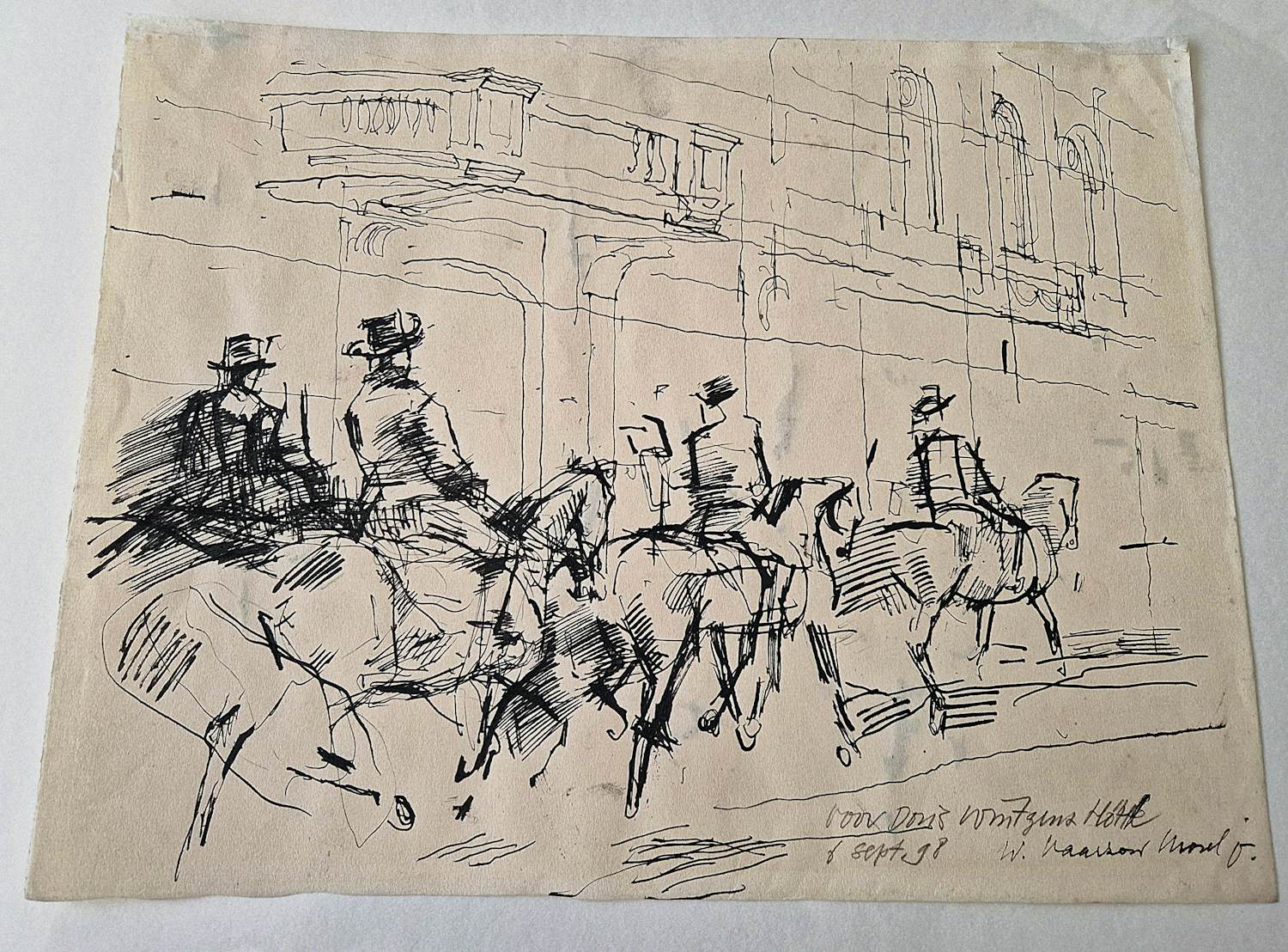 Wim Vaarzon Morel (jr.) - in 1998 gemaakte oostind.inkt tekening "paarden in de binnenstad" met opdracht kopen? Bied vanaf 62!