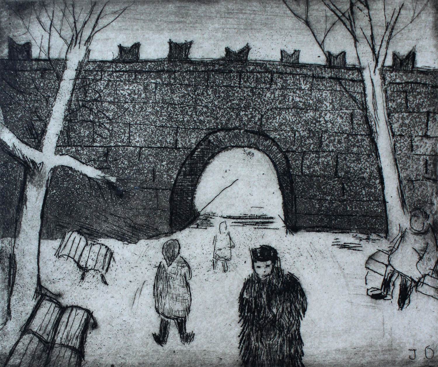 Buy Jeanne Bieruma Oosting - Ets: 'Een winter in Rusland', Brug bij het Kremlin - 1970? Bid from 250!