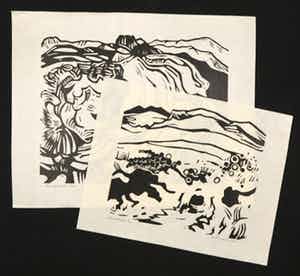 Kees Bastiaans - Lot van twee linoleumsnedes, Landschapjes verkocht voor € 100!