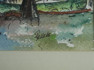 Niet of onleesbaar gesigneerd - Gesigneerd “Belleke ?” , Aquarel - “Molen aan de haven” – ingelijst kopen? Bied vanaf 10!