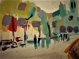 Niet of onleesbaar gesigneerd - Interessante expressionistische Gouache "Franse riviera 1951" monogram "J.A." kopen? Bied vanaf 1!