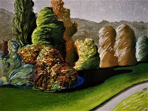 Erna van Mondfrans - Magnifiek pointillistisch Pastel "Landschap Arriege Frankrijk" gesigneerd - kopen? Bied vanaf 40!