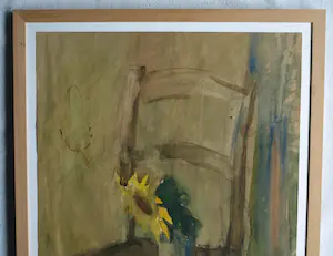 Bob ten Hoope - Ingelijste aquarel , Zonnebloem op Stoel – Lijst, 58 x 48 cm. kopen? Bied vanaf 1!