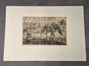 Piet Landkroon - erg vroege (1938) PL droge naald Ets "zwoegende landarbeiders" potloodges. kopen? Bied vanaf 36!