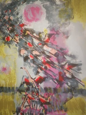 Maurice Elie Sarthou - Flamingos. Vogelvlucht met rode zon. kopen? Bied vanaf 99!