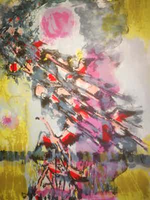 Maurice Elie Sarthou - Flamingos. Vogelvlucht met rode zon. verkocht voor € 99!