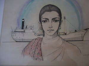 Jan Camphuis - Gemengde techniek op papier, zonder titel ( Meisje en boot ) kopen? Bied vanaf 30!