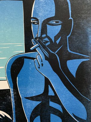 Leon Janssen - Houtsnede in zwart en blauw | 'Nachtwind' | 1987 kopen? Bied vanaf 120!