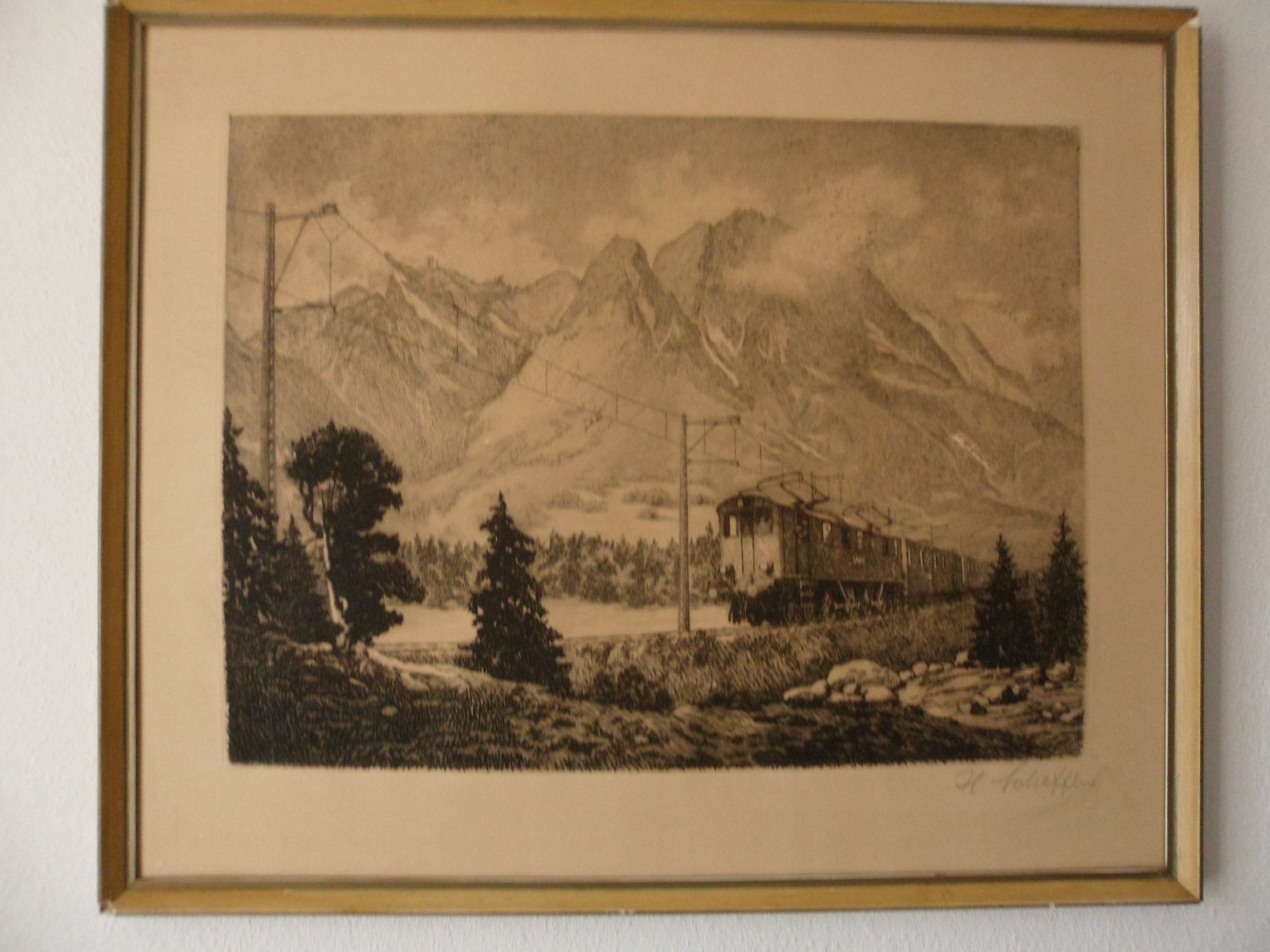Niet of onleesbaar gesigneerd - Ets van een berglandschap met een trein. kopen? Bied vanaf 1!