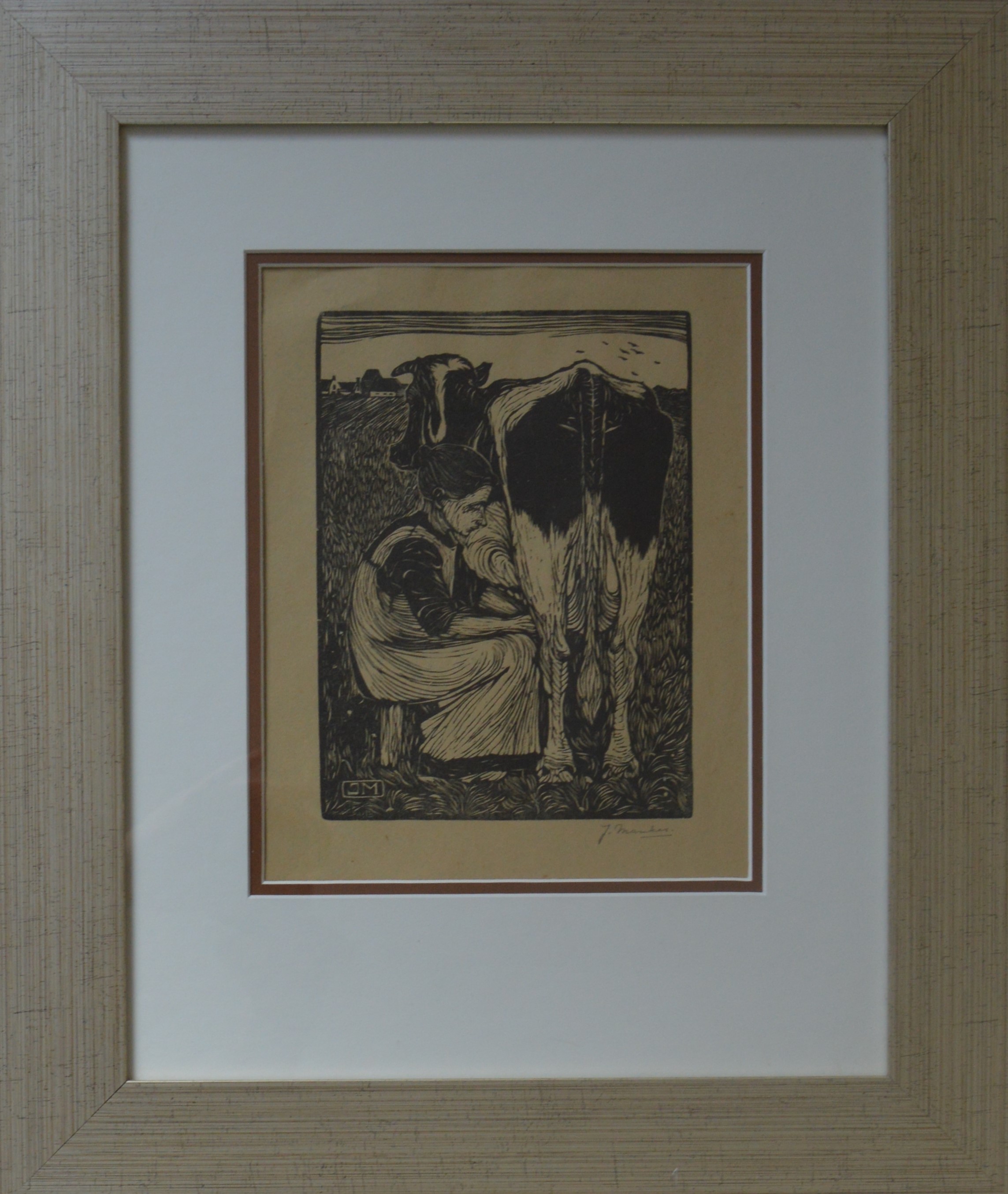 Jan Mankes - Koemelkster - Houtsnede - 1914 - ingelijst verkocht voor € 399!