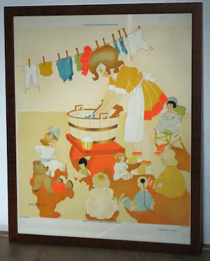 Willy Schermele - Poppenwasdag - ingelijste kleurenlitho uit 1937 -> GRATIS verzending NL kopen? Bied vanaf 50!