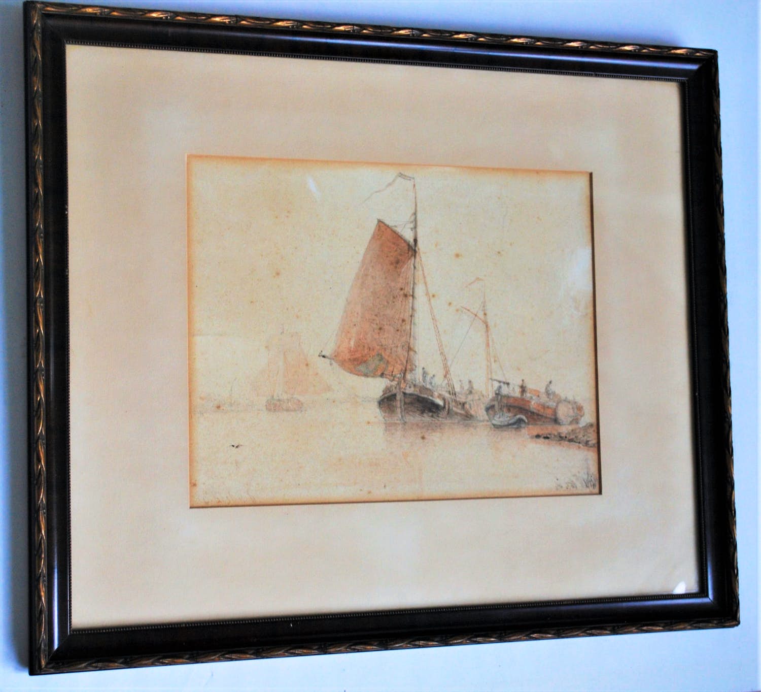 Everhardus Koster - fraai uitgewerkte aquarel met twee bemande botters verkocht voor € 195!