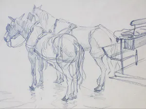 Willem van Dort - Werkpaarden aan de kade - Tekeningen kopen? Bied vanaf 35!