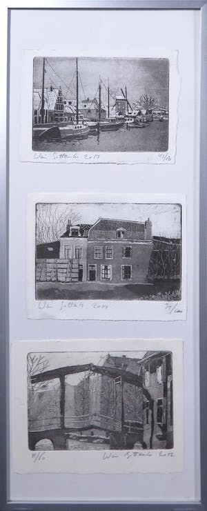 Niet of onleesbaar gesigneerd - Drie Etsen, Boten, Brug, Huis kopen? Bied vanaf 1!