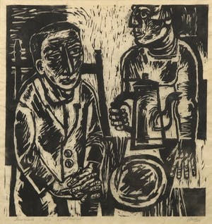 Nele van de Velde - Linosnede, Het ontbijt (Kirchner?) - Ingelijst kopen? Bied vanaf 500!