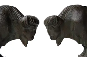 Max Le Verrier - Boekensteunen (2) - Gepatineerd metaal op marmer sokkel - Twee bizons kopen? Bied vanaf 750!