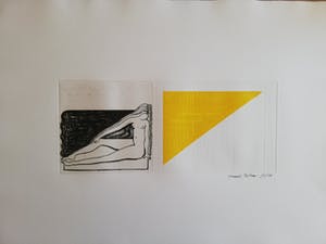 Hannes Postma - NAAKTE VROUW MET DRIEHOEK / ZW-W ETS EN KLEURETS + RELIEF / 50x65cm / SIG kopen? Bied vanaf 21!