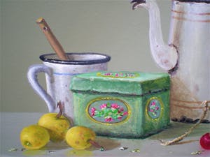 Thomas Heesakkers - Stilleven emaillen koffiekan blikje enschaaltje kersen kopen? Bied vanaf 250!