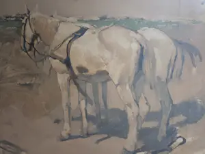 George Hendrik Breitner - Twee witte paarden. Litho. Eiken lijst. kopen? Bied vanaf 59!