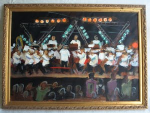 Niet of onleesbaar gesigneerd - Groot , ingelijst acrylverf op doek , Het concert – 1998 - 81 x 111 cm kopen? Bied vanaf 1!