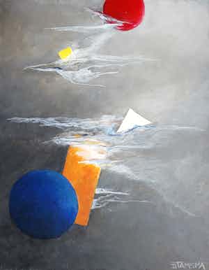 Dieuwke Tamsma - Geometrisch abstracte compositie, acrylverf op paneel (mooi ingelijst) verkocht voor € 75!